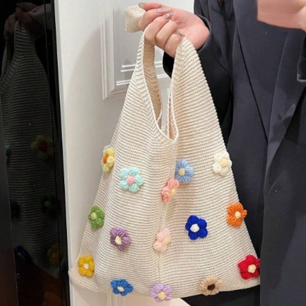 Crochet Flowers Knit Hobo Tote Bag  NEW